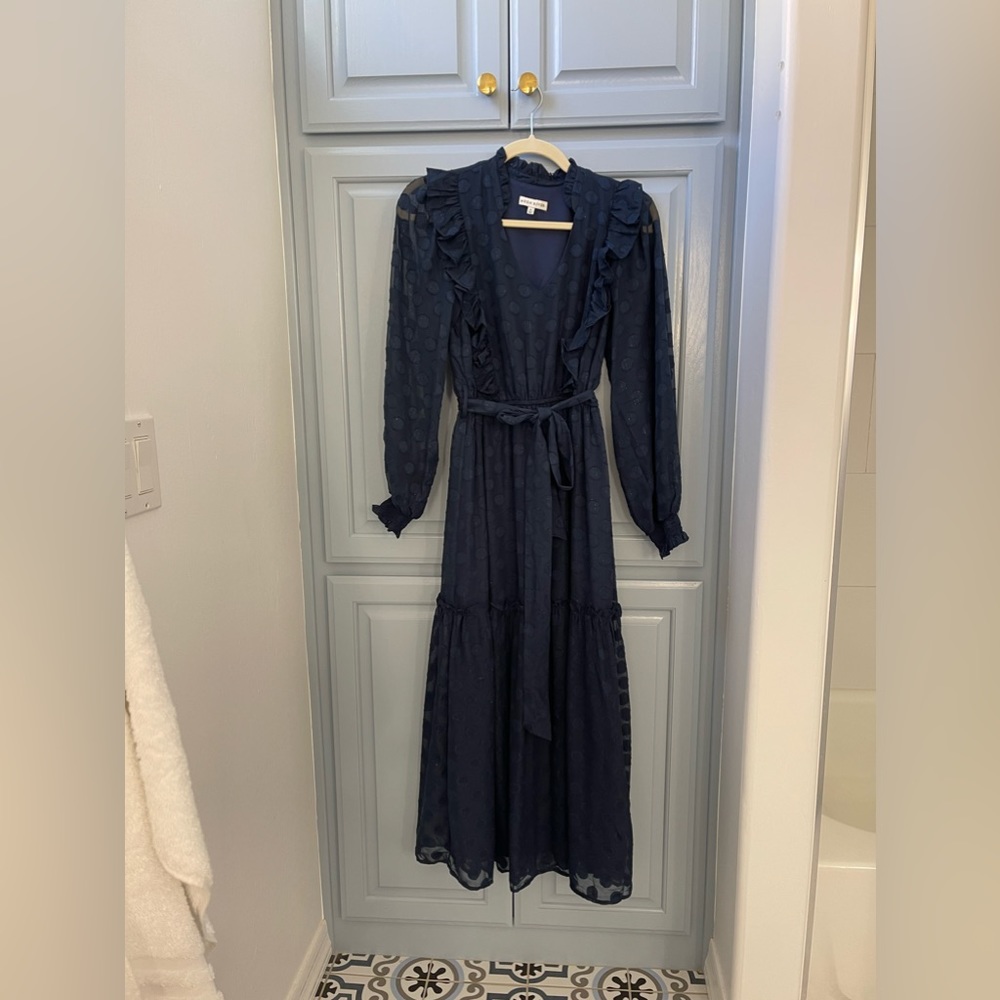 EUC- MOON RIVER Navy Polka Dot Midi Dress Extra Small.